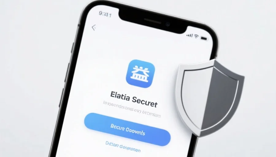 一部现代智能手机屏幕上显示恒耀应用的安全下载界面，旁边有安全盾牌图标，背景简洁