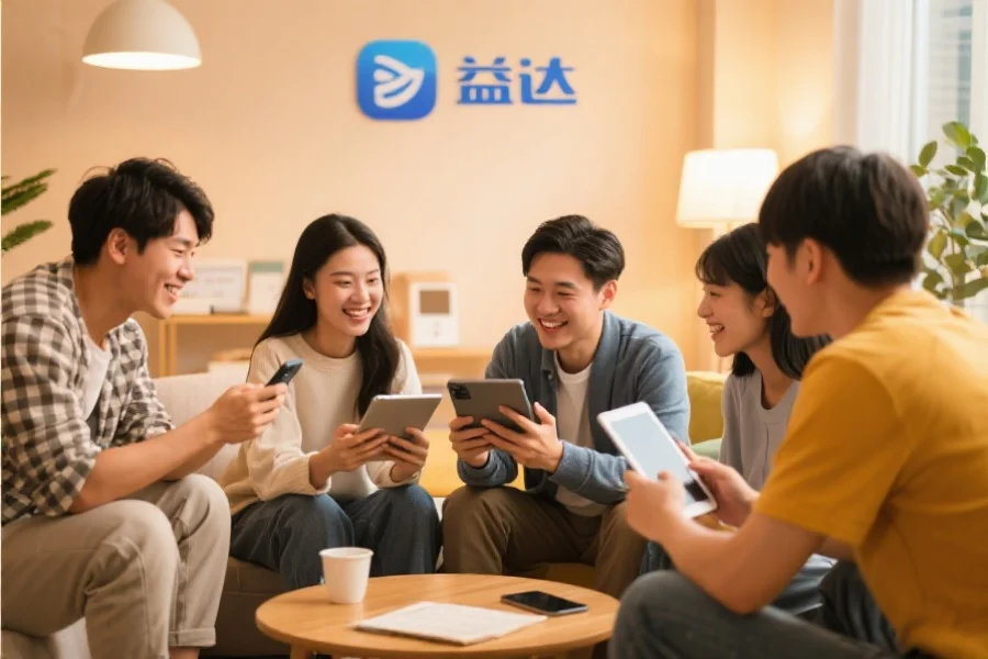 一群年轻用户围坐在一起，使用平板和手机愉快地交流，背景温馨现代，象征恒耀应用的社区活跃氛围